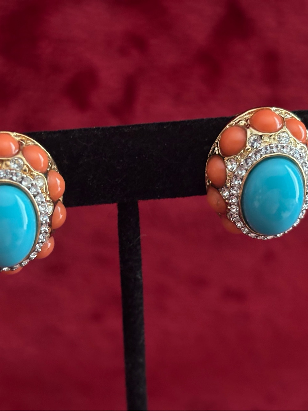 Kenneth Jay Lane Turquoise and Coral Crystal Halo Clip-On Earrings